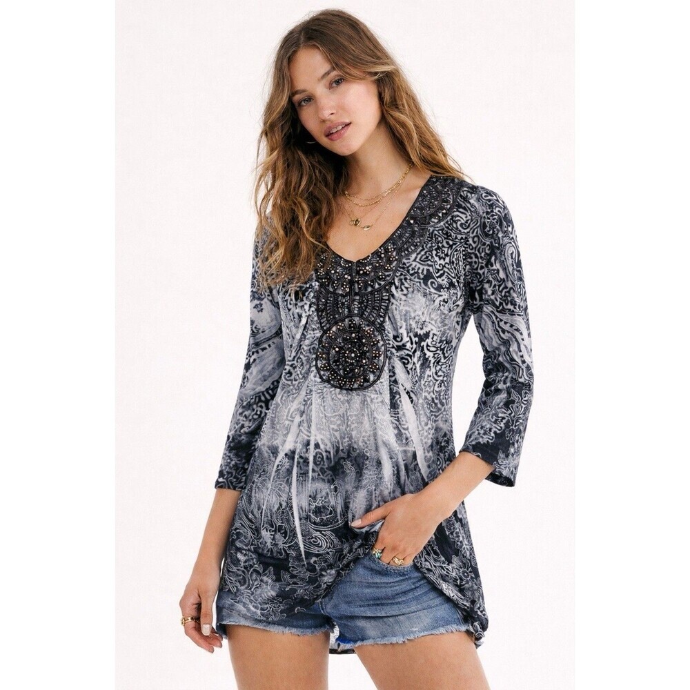 Women's Velvet Boho Paisley Embellished Tunic Top Long Sleeve Black Gray Size M
